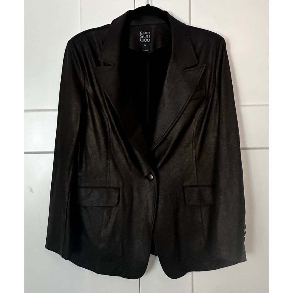 Clara Sunwoo Black Liquid Leather Pocket Blazer Vegan XL Notched Lapel